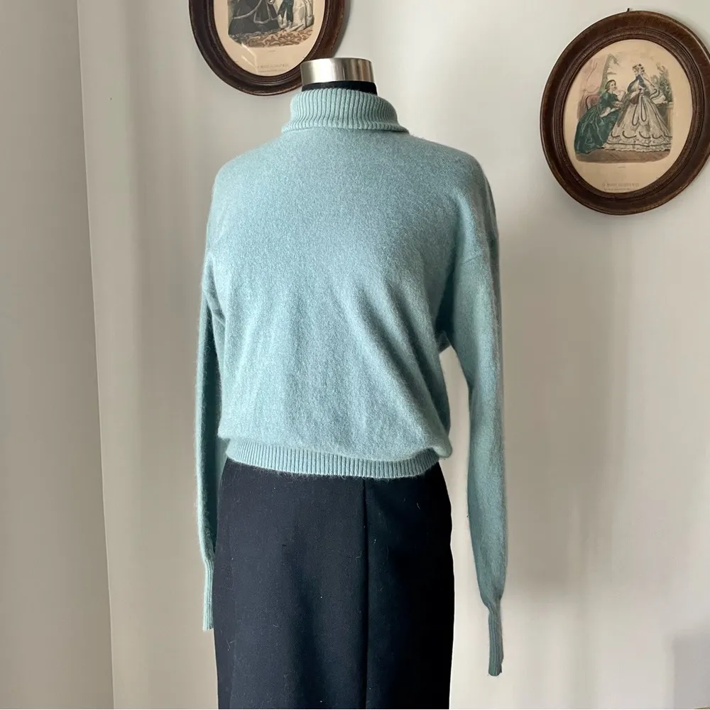 VINTAGE 1990s dusty teal angora turtleneck sweater Size M - Image 3