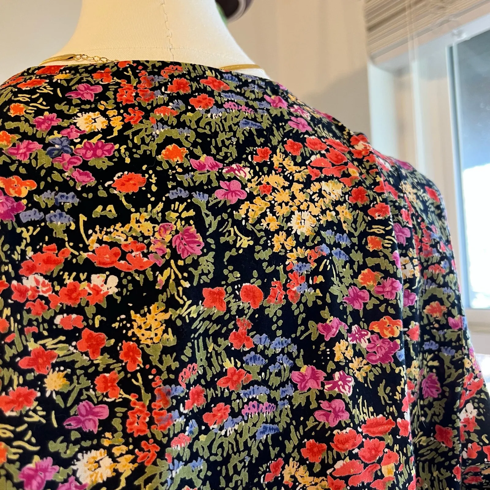 90s Black Moody Floral Print Cotton Crochet Indie Blouse Size 14 India Made Size L - Image 8