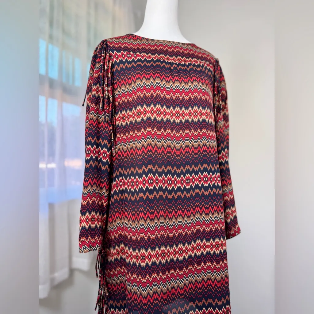 Zara Multicolored Zigzag Print Fringed Long Sleeve Midi Dress - Image 5