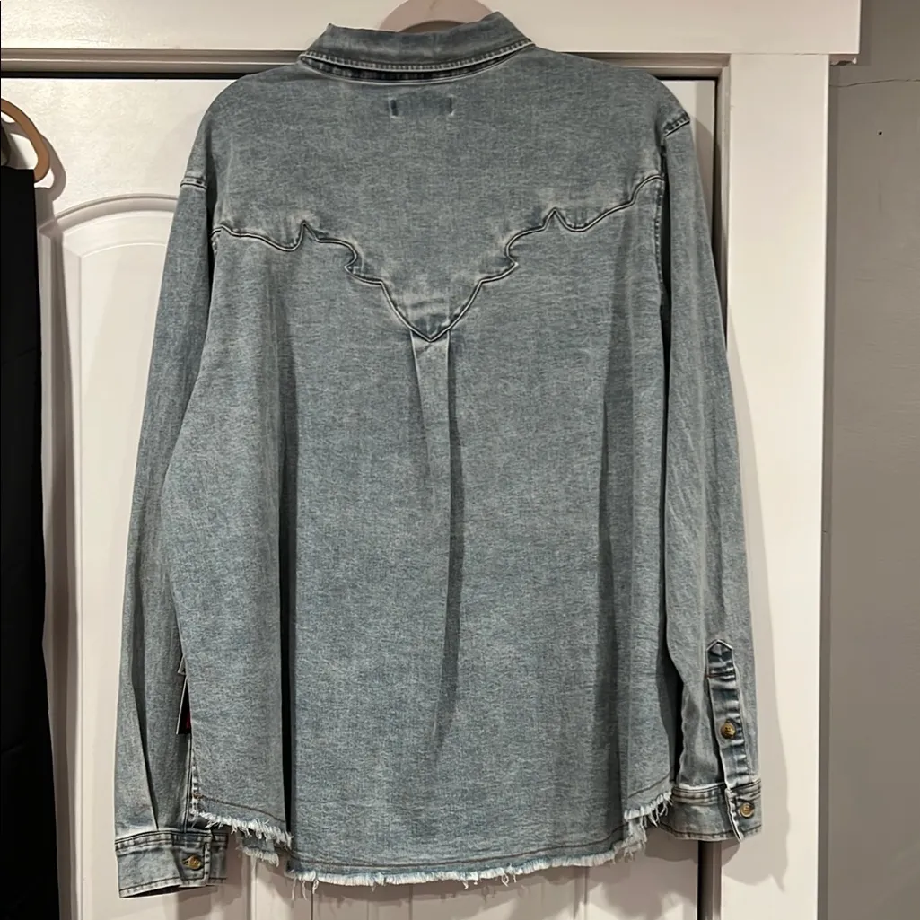 Rock & Roll Cowgirl‎ denim Button Down Shirt raw hem XXL - Image 7