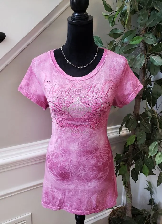 Hard Rock TShirt Womens Medium Pink Rhinestone Graphic Tee Fitted Casual Top - Image 1