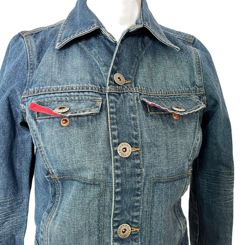 Tommy Hilfiger Jean Jacket Women S Blue Denim Distressed logo Button‎ Pockets - Image 4