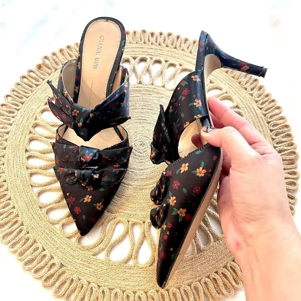 Gianni Bini Black Floral Print Twist Knot Pointed Toe Mules Size 10 - Image 2