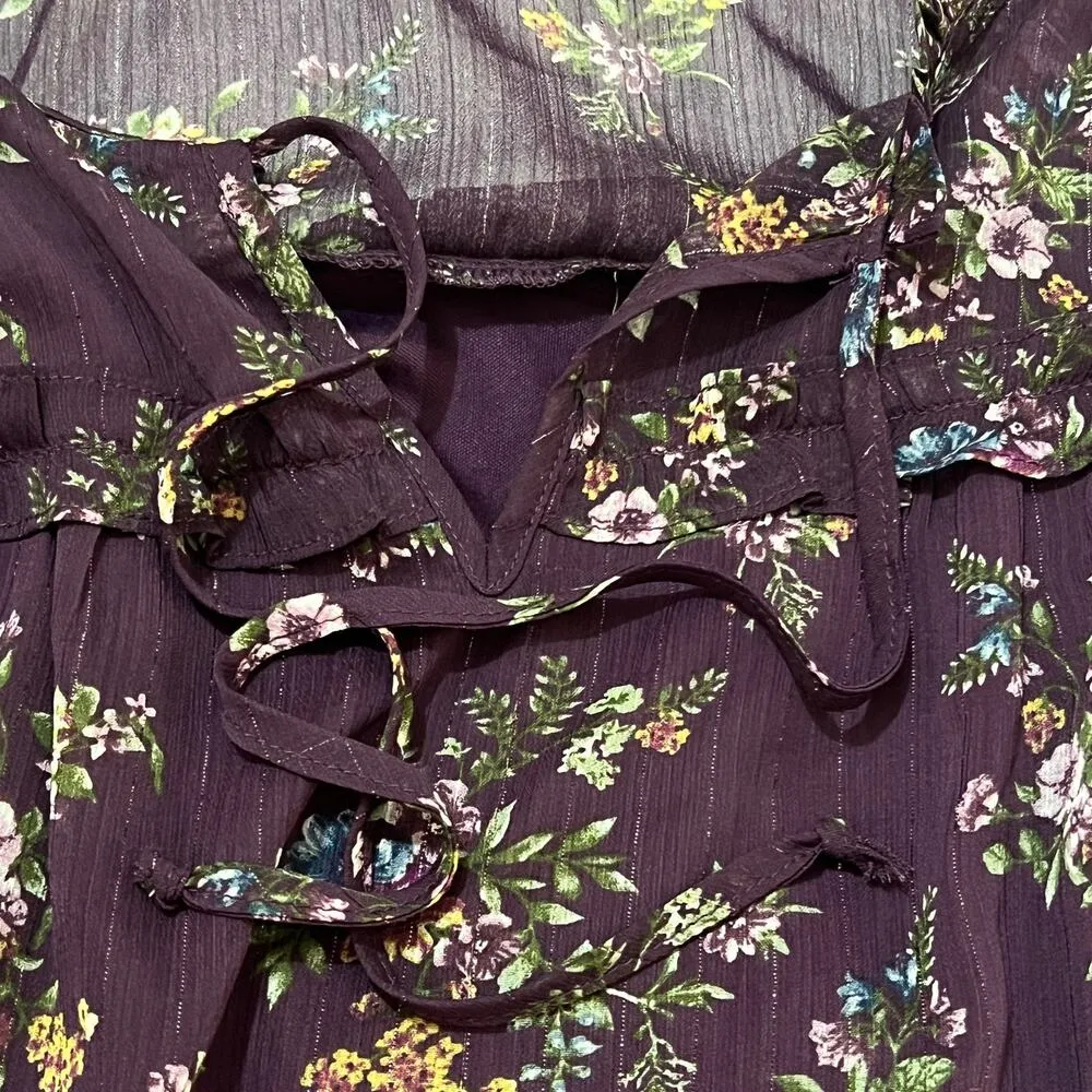 Fortune + Ivy PETITE SMALL Metallic Ruffle Tie Neck Sheer Arm Long Sleeve Blouse - Image 12