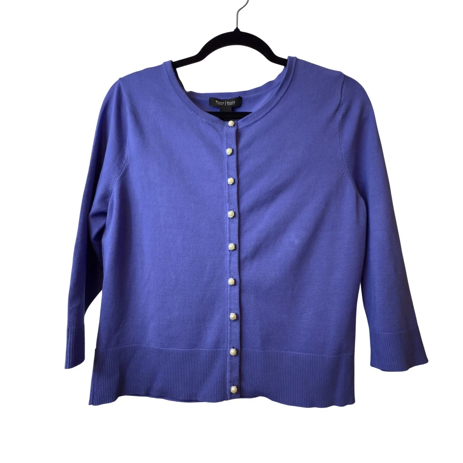 White House Black Market Periwinkle Blue Pearl Cardigan Sweater 3/4 Sleeve Large - Image 2