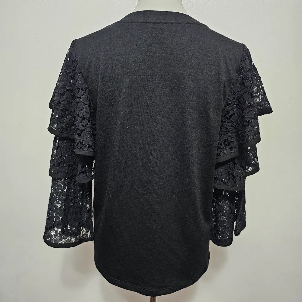 Anthropologie Pleione Black Tiered Lace Sleeve Crewneck Sweatshirt Size Small - Image 6