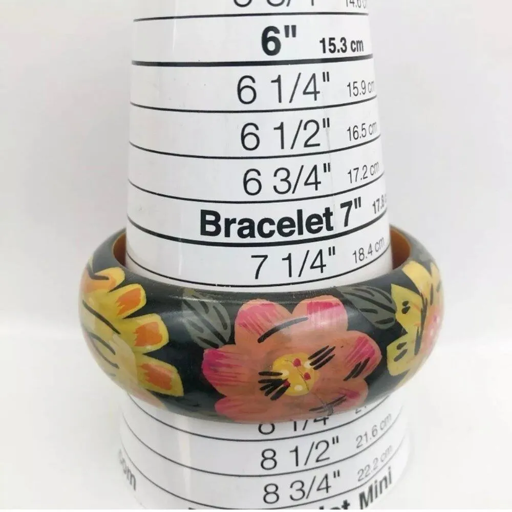 Hand Painted Chunky Wood Bracelets Bangles Set/3 Bohemian Artsy Jewelry Black - Image 6