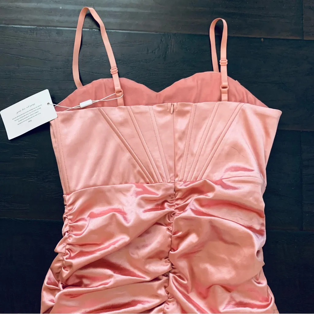NWT LINJOU Rose Pink Satin/Silk Sweetheart Corset Ruched Wrap Bodycon Dress | L Size L - Image 7