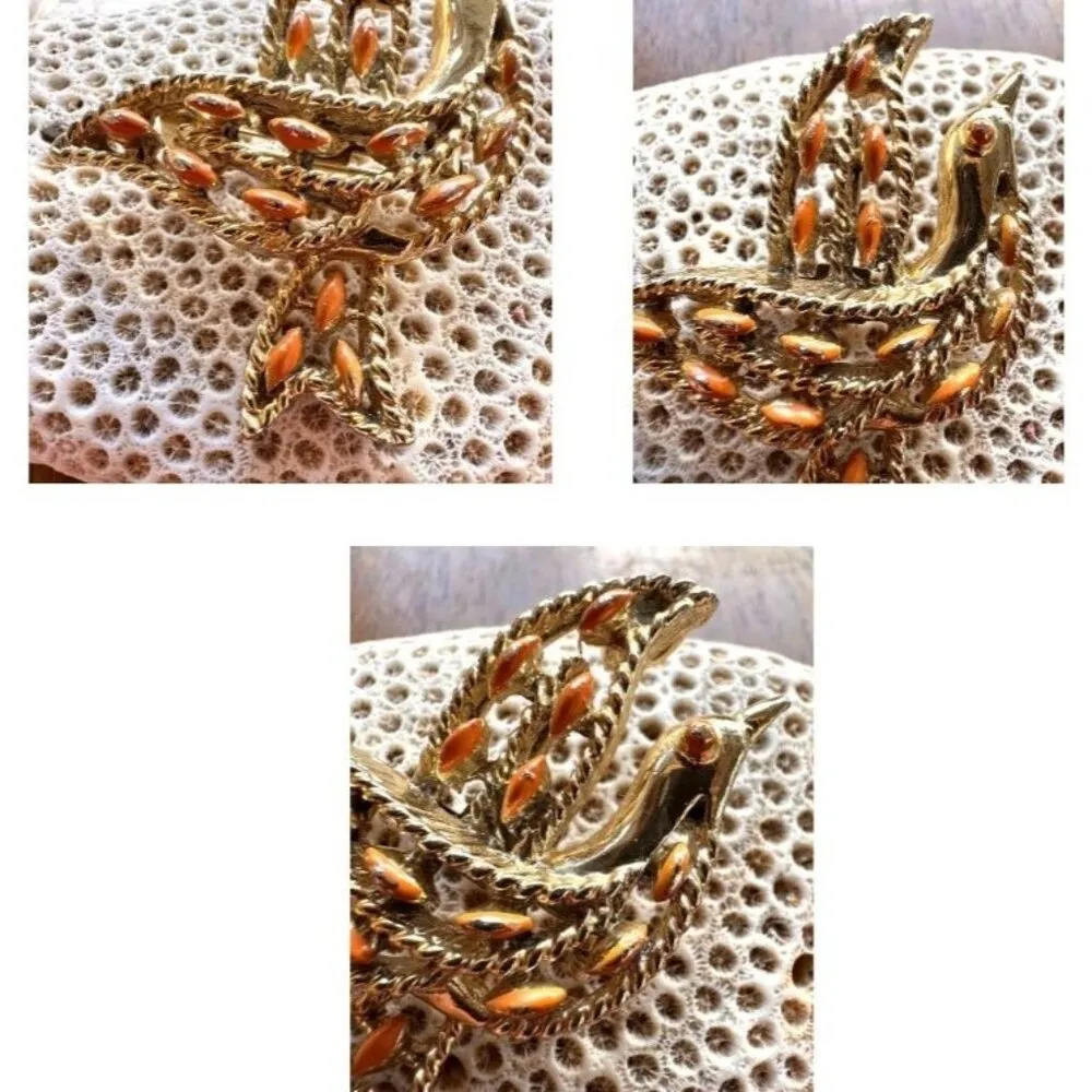 Vintage Gerrys Peace Dove Brooch Pin Faux Coral Beads Gold Tone Open Cut… - Image 5