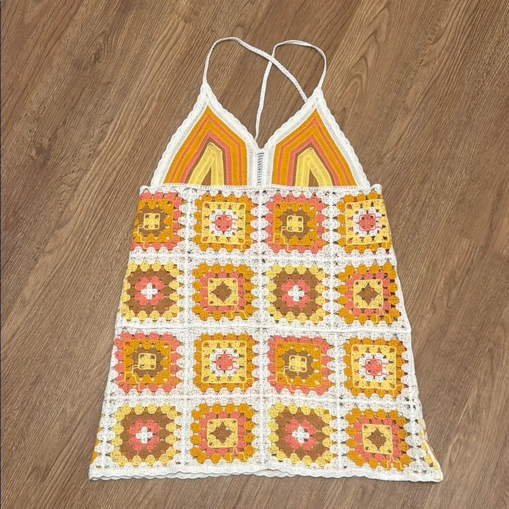 NWT Forever 21 Medium Multicolor Patchwork Crochet Mini Dress V-Neck Beach Boho - Image 2
