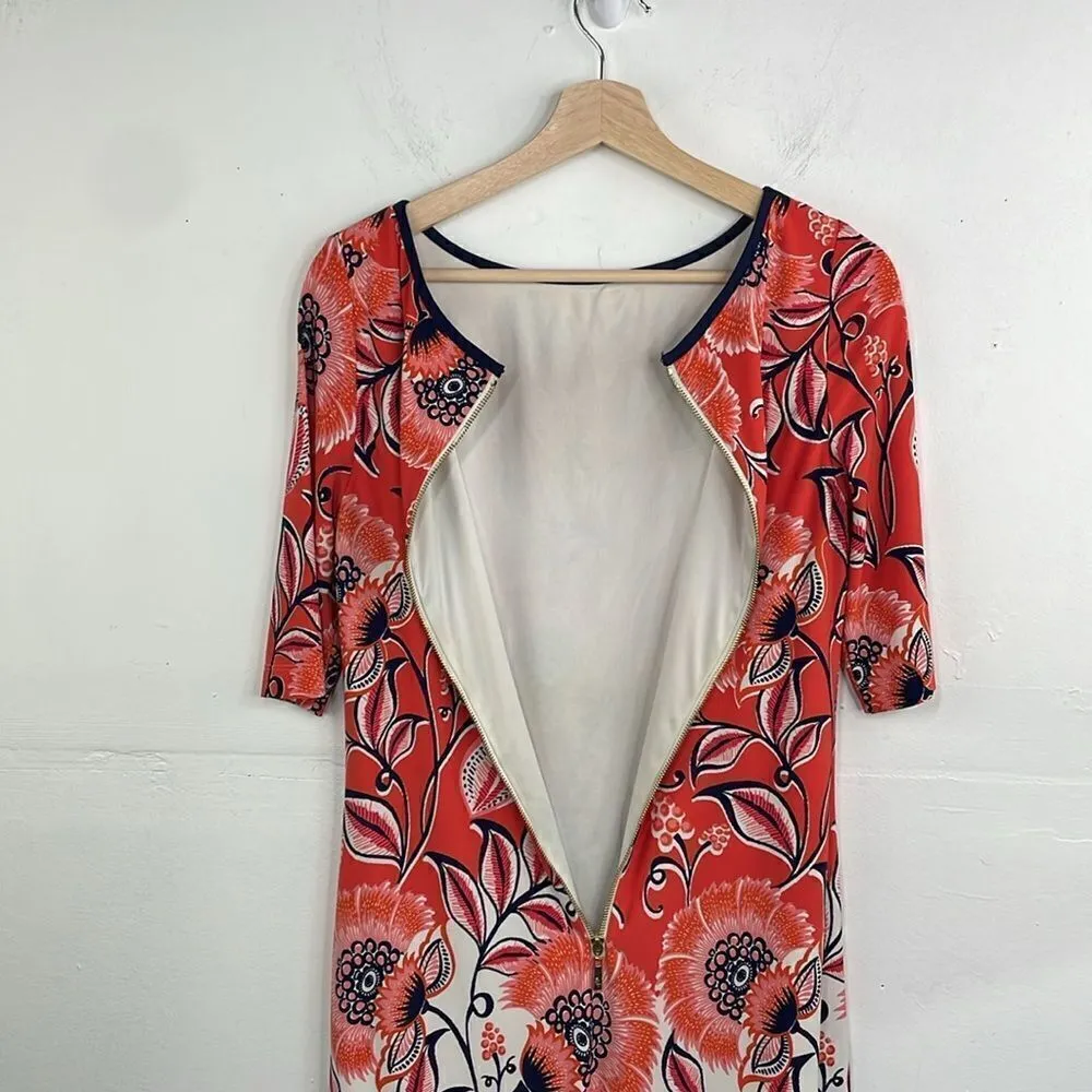 Eliza J. Dress Orange Floral Navy Striped 3/4 Sleeve Sheath Lined Midi size 6 - Image 10