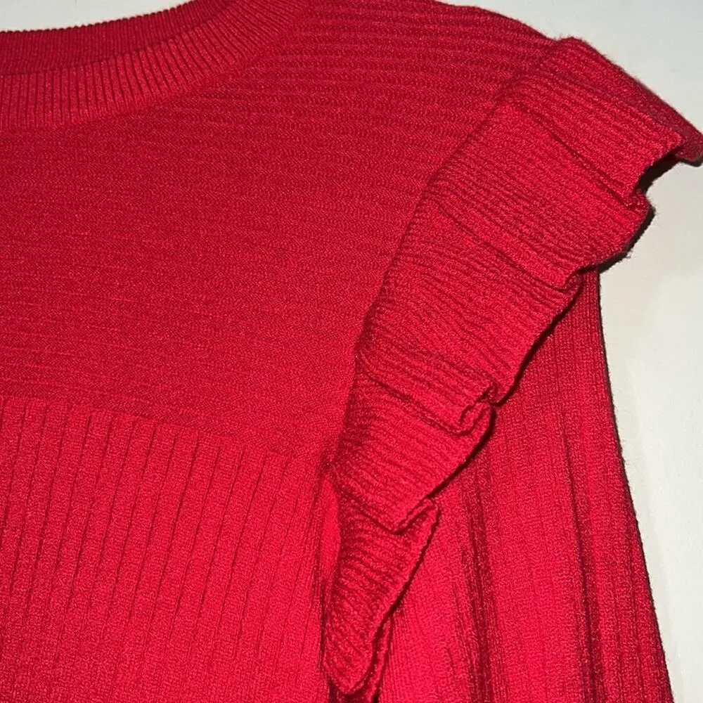 &merci size medium ruffle shoulder rib sweater red modern bubble sleeves stretch - Image 4