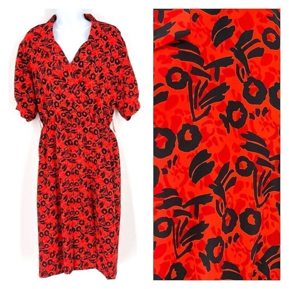 Vintage JT Women’s Geometric Surplice Bright Orange Red Dress Medium Made in USA Red - Image 2