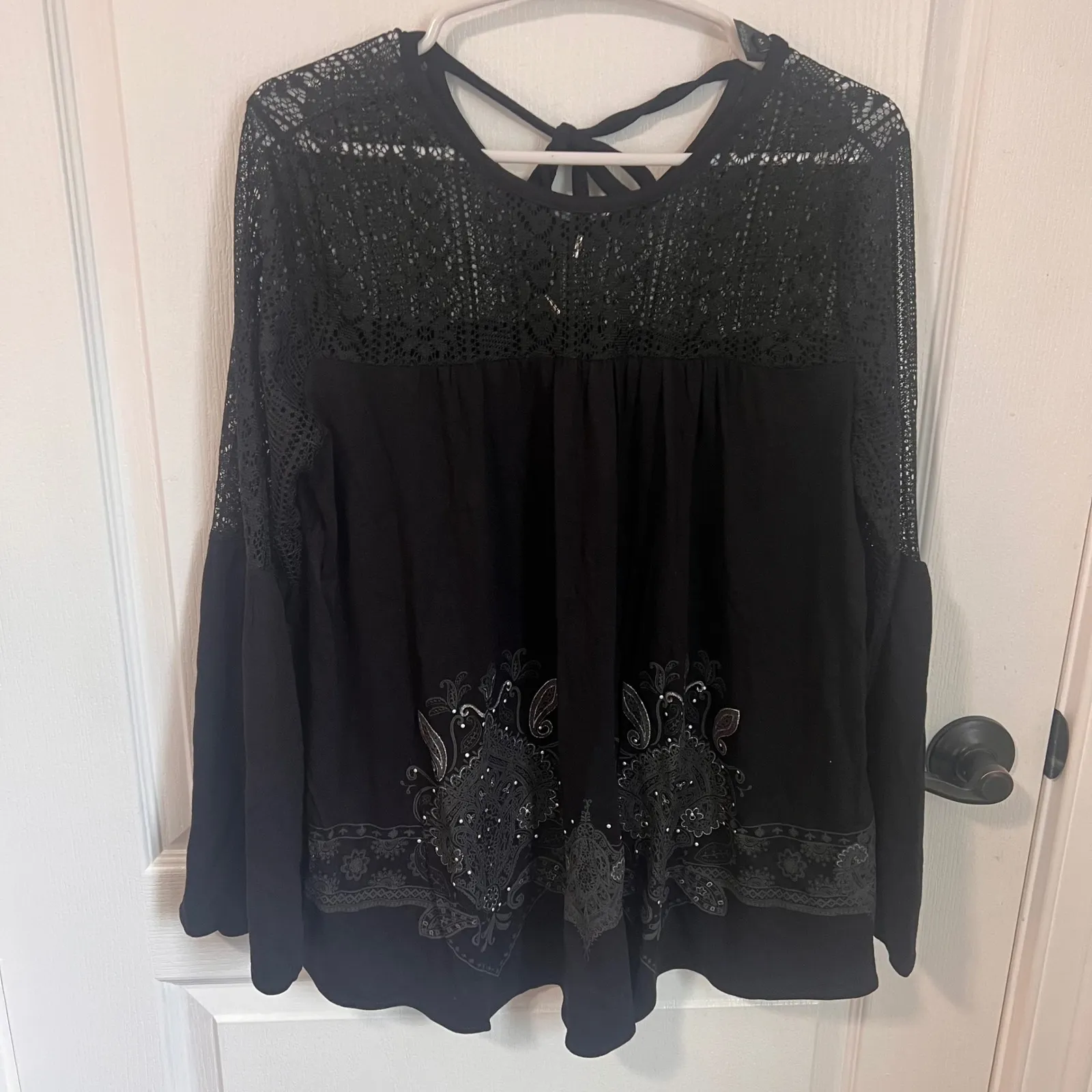 Desigual Black Lace Top Bohemian Blouse Bell Sleeve Embellished‎ Medium NWT - Image 2