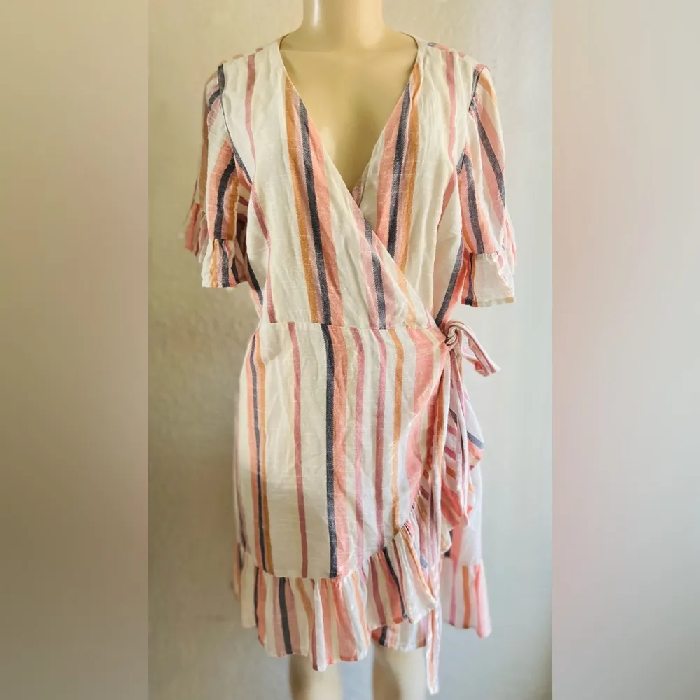 Express Cotton Blend Stripe Ruffle Wrap Dress in Cream Pink Size Medium - Image 2