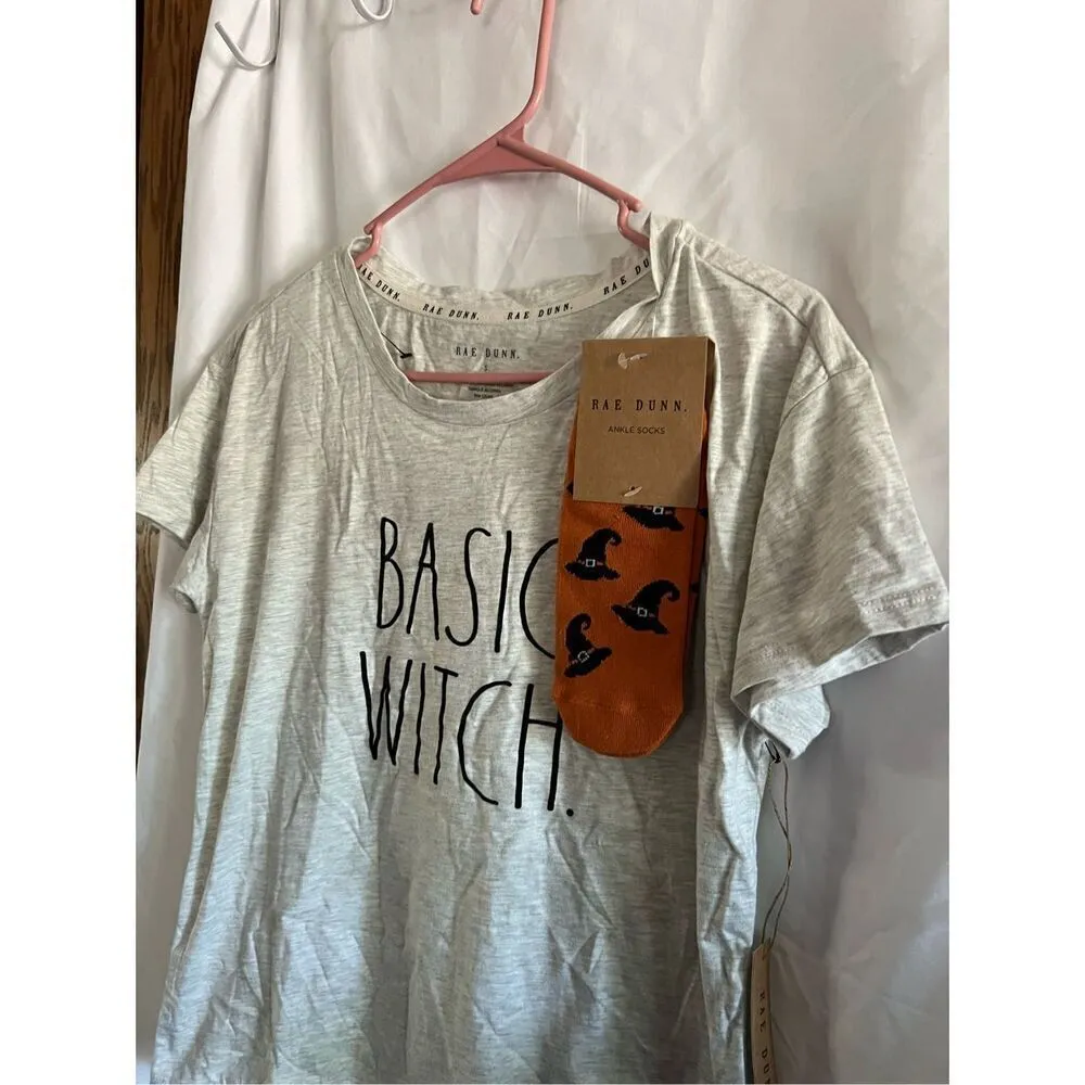 Rae Dunn Basic Witch T-Shirt With Witch Hat Ankle Socks Woman’s Size Small NEW - Image 2