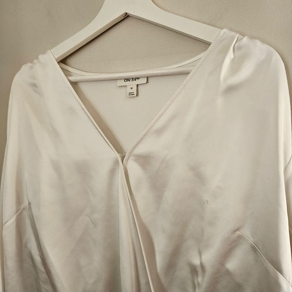 On 34th Bodysuit Chic White Satin Blouse One Piece Long Sleeve V - Image 2