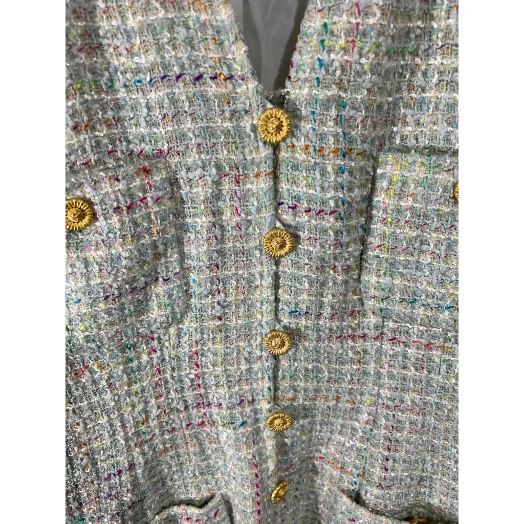 Jeannene Booher Multicolor Tweed Jacket Dress W/ Gold Buttons White Size 10 - Image 2