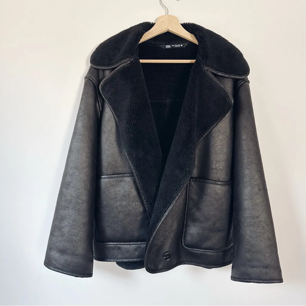ZARA  Shearling Double Faced Oversized Jacket Brown - Image 9