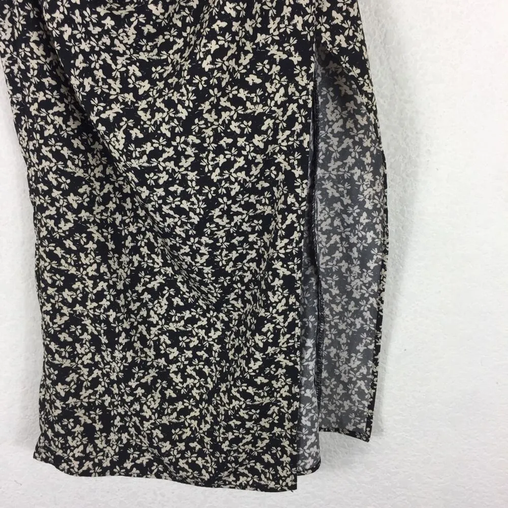 Zara Draped Black Moody Micro Floral Print Ruched Side Slit Midi Skirt XS - Image 9