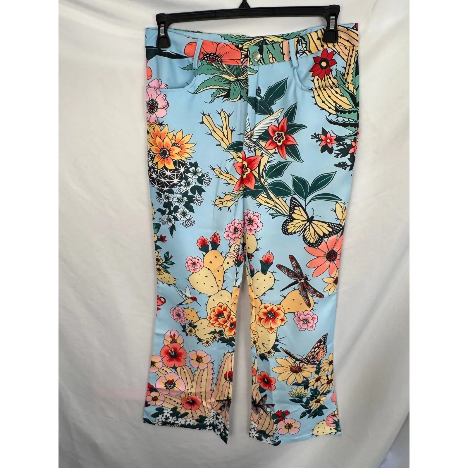 Floral Print Wide Leg Pants High Waist Boho Festival‎ Trousers Size L Blue Size L - Image 2