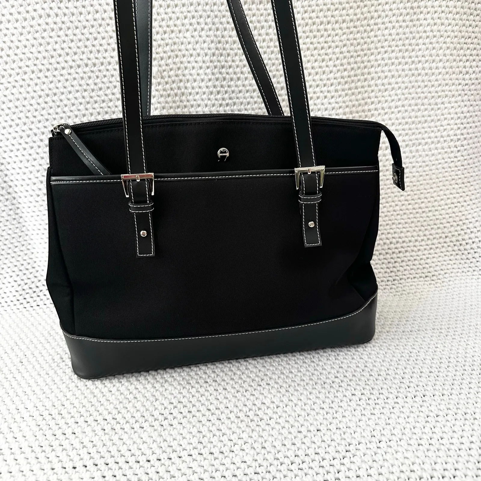 Etienne Aigner Black Nylon Fabric Leather Trim Structured Shoulder Briefcase Bag - Image 3