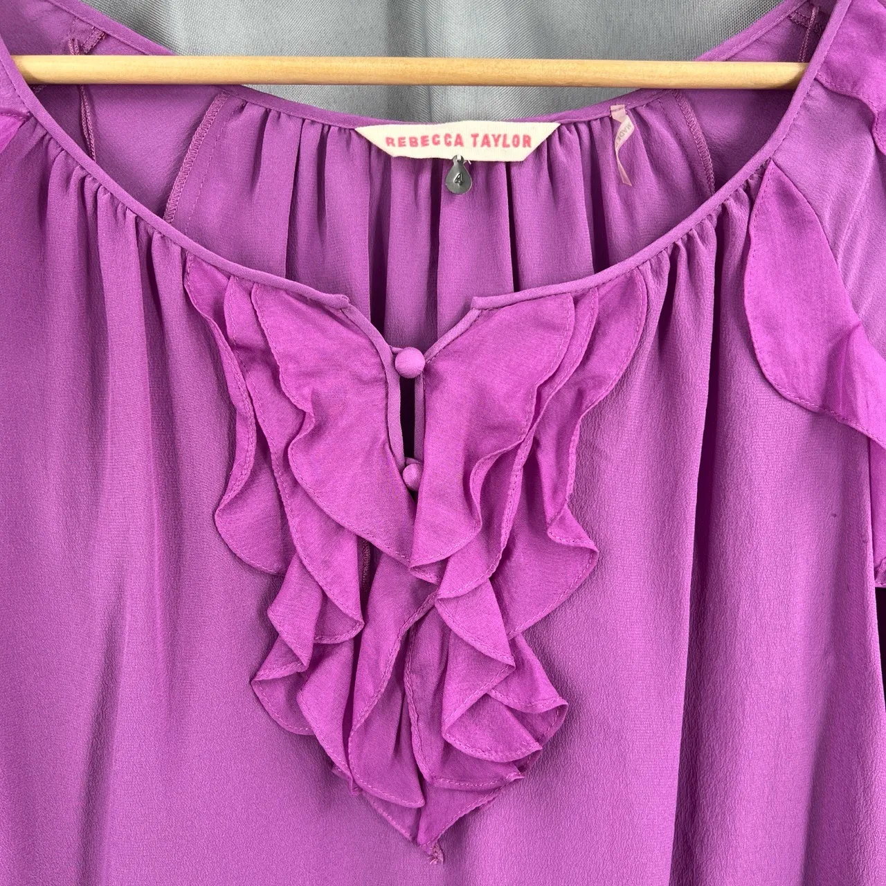 REBECCA TAYLOR Blouse Purple Silk Ruffled Long Sleeve Feminine Size 4 Flaw - Image 2