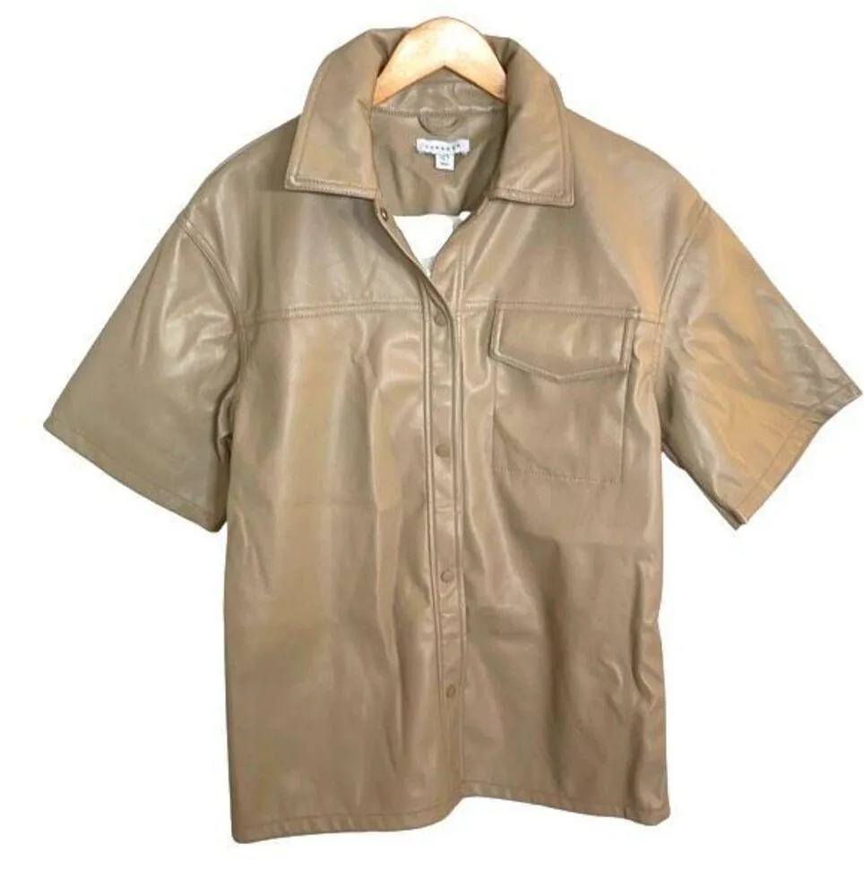 Topshop Womens Short Sleeve Faux Leather Oversized Button-up Shirt Tan Beige 4 N - Image 3