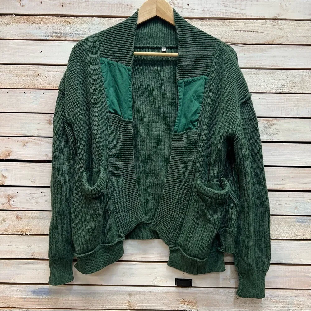 Vintage Forest Green Knit Cardigan Quilted Elbow Patches Academic Prep Size L Size L - Image 3