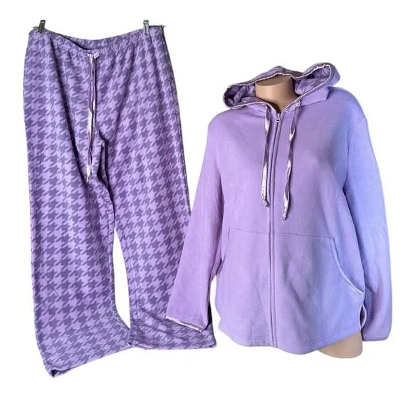 PajamaGram Womens L Purple Houndstooth Warm Soft Plush Fleece Hoodie and Pants Size L - Image 2