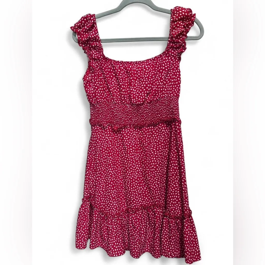 Red/Burgundy Polka Dot Mini Dress – Sweetheart Neckline, Ruffle Sleeves, Medium Red - Image 2