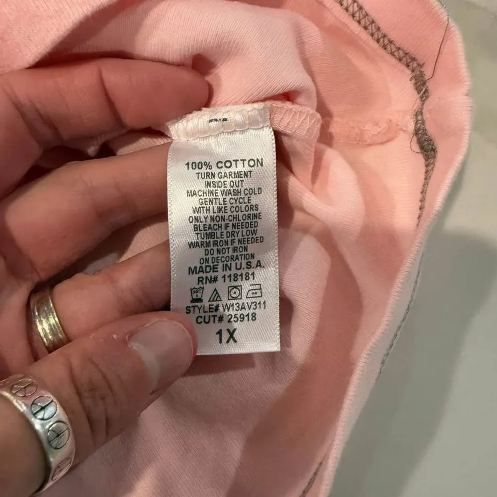 Y2K Blue Canyon Henley Top Women’s 1X Pink Floral Bird Print Rhinestone V Neck - Image 5