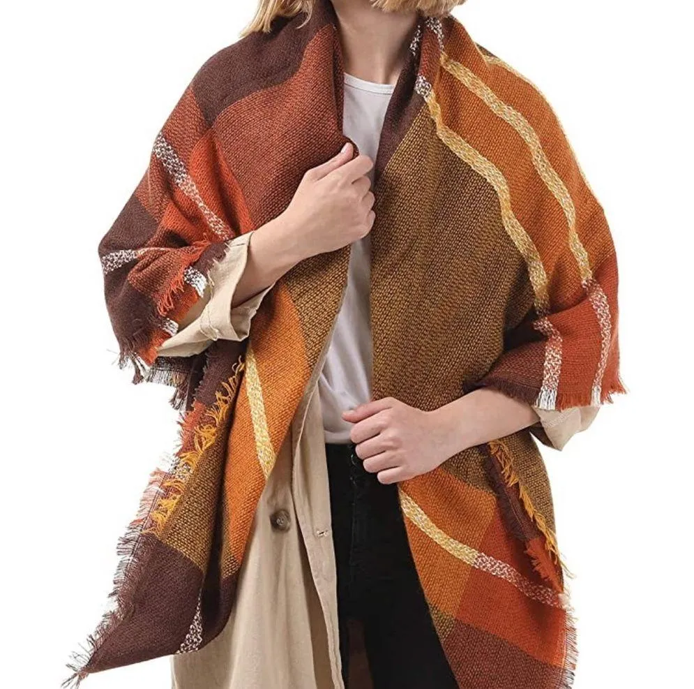 Cozy Fall Feel Oversized Plaid Blanket Scarf Shaw Wrap Cape Brown - Image 3