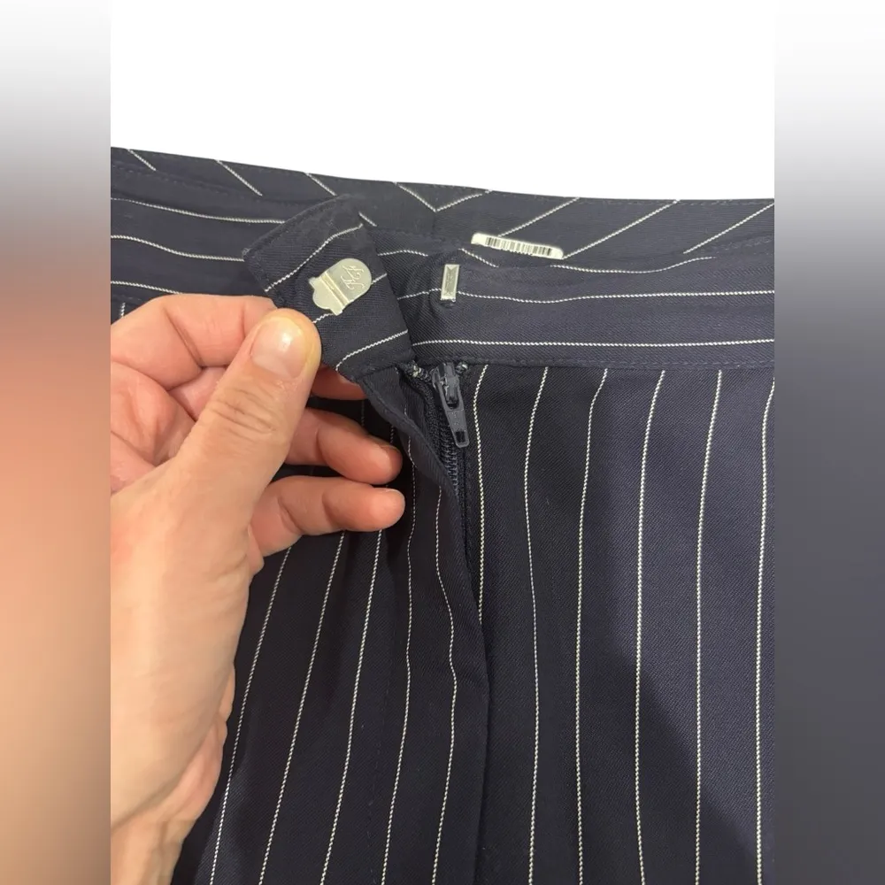 St John Pants Women 10 Navy Blue White Striped Wool Blend Wide Leg Trousers - Image 3