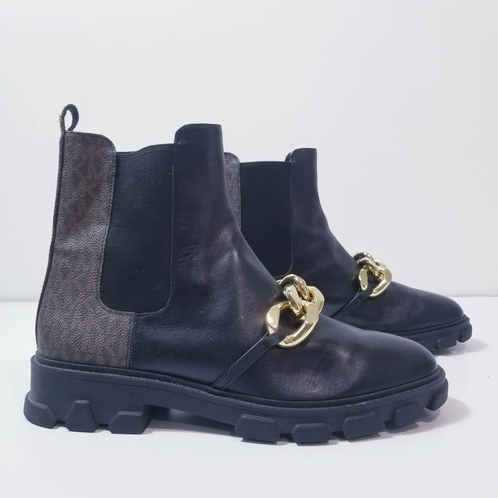 Michael Kors Women sz 10 Scarlett Boots w/ Gold Chains MK Monogram Lug Sole - Image 7