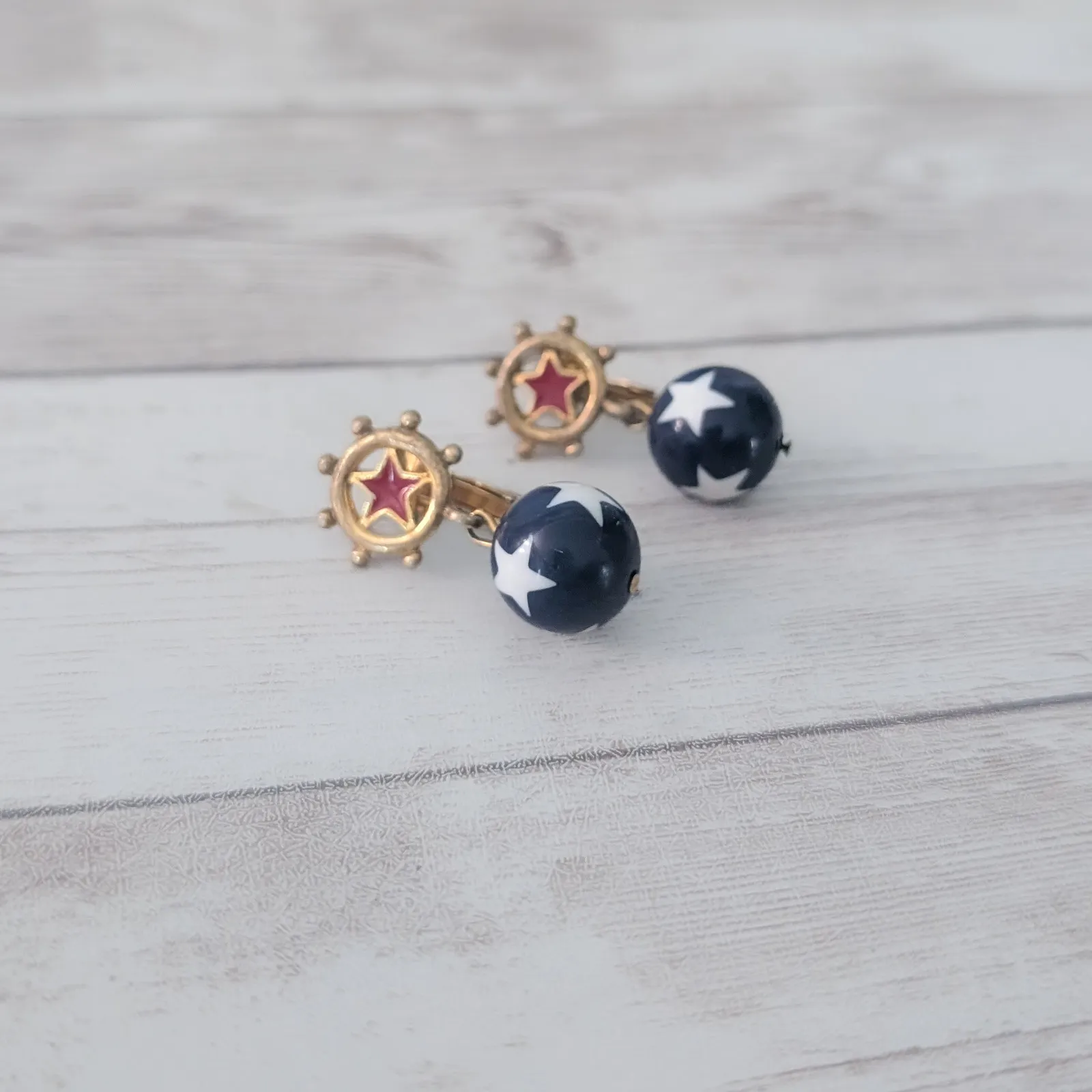 Vintage Clip On Earrings Blue Ball with White Stars Dangle Nautical - Image 5
