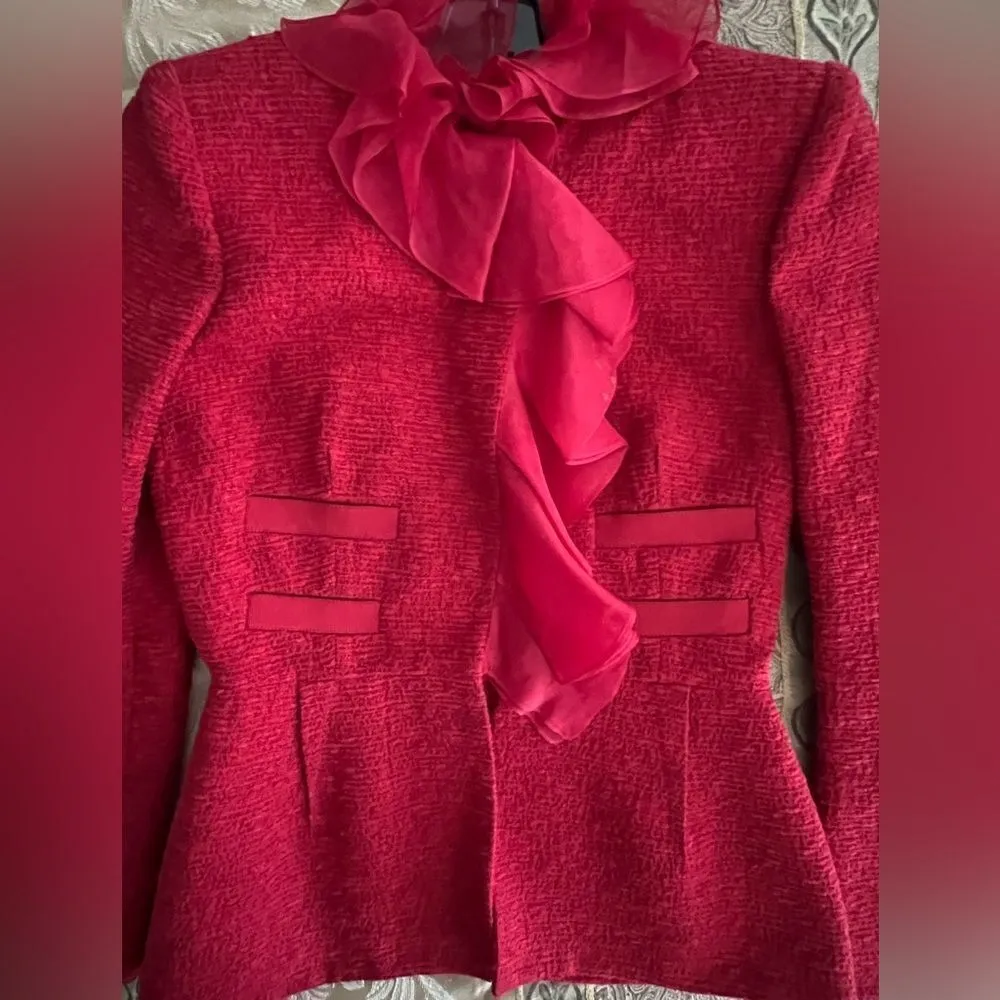 Giambattista Valli red tweed blazer silk ruffle collar, NWOT 40 Size XS - Image 2