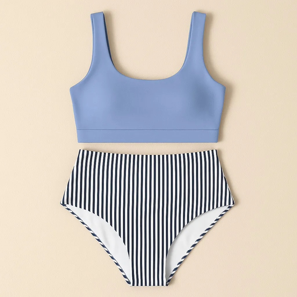 Striped Blue Tankini Bikini Set NWOT Size M - Image 2