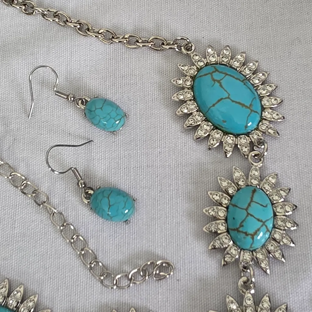 Silver Statement Turquoise Howlite with Rhinestone Necklace and Earrings Set - Image 5