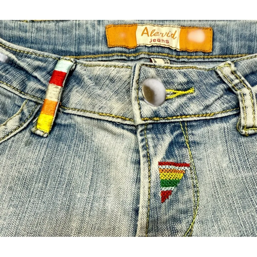 Rare Alevìd Jeans A&D Light Wash‎ Straight Leg Low Rise Rainbow Trim Y2K Boho 6 Blue - Image 5