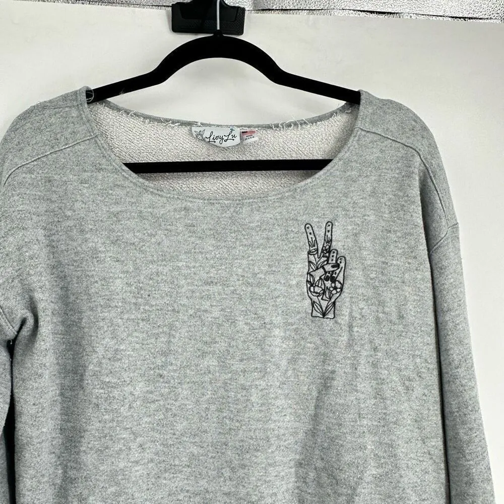 Livy Lu Women's Knit Long Sleeve Pullover Cropped Sweatshirt Gray Size Large - Image 3