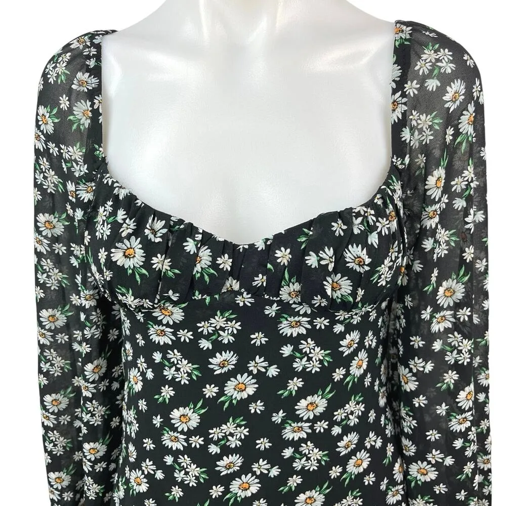 Princess Polly Black Daisy Floral Long Sleeve Mesh Smocked Mini Dress Size 2 - Image 4