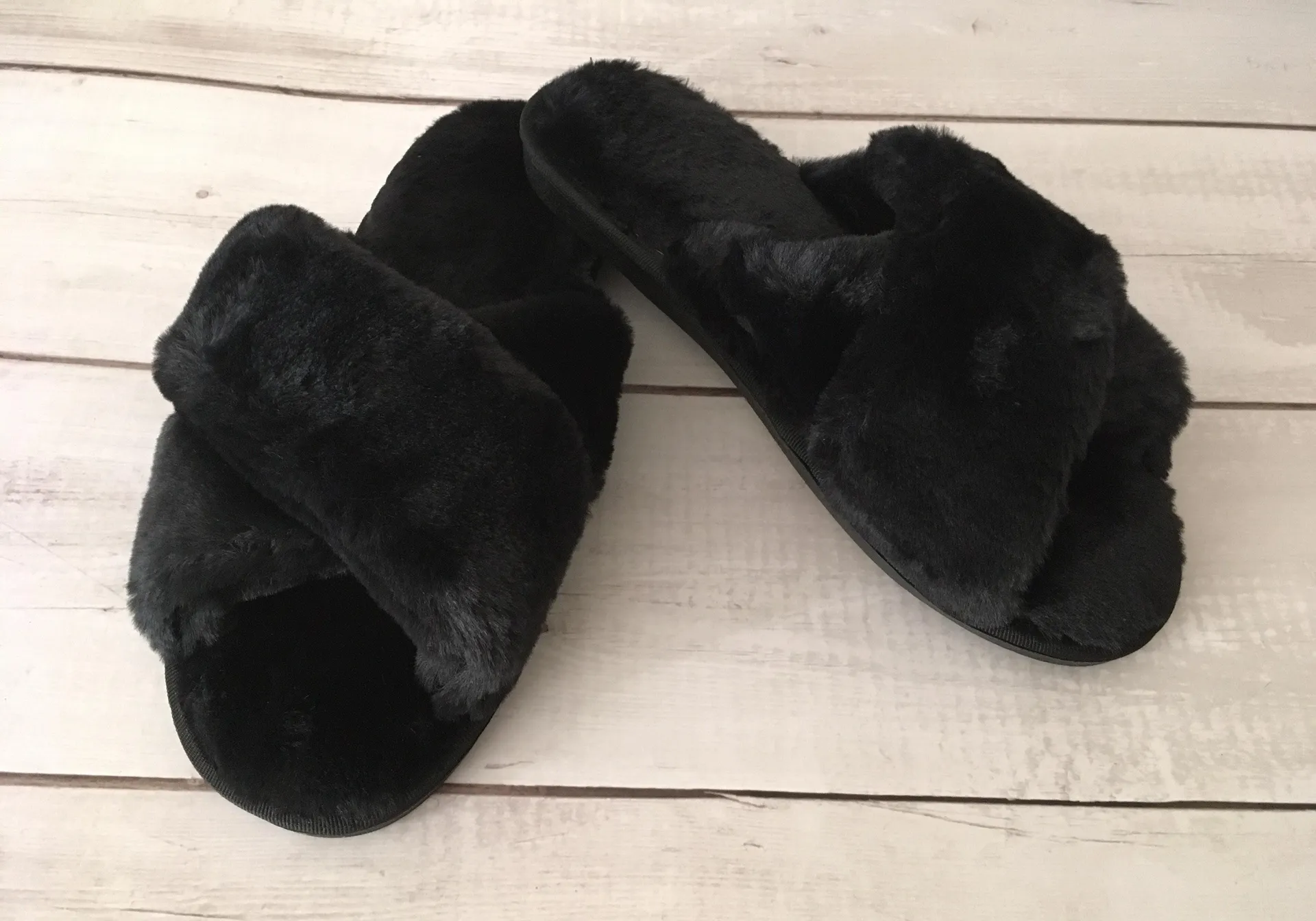 Black Plush Slippers, Size 9/10 - Image 2