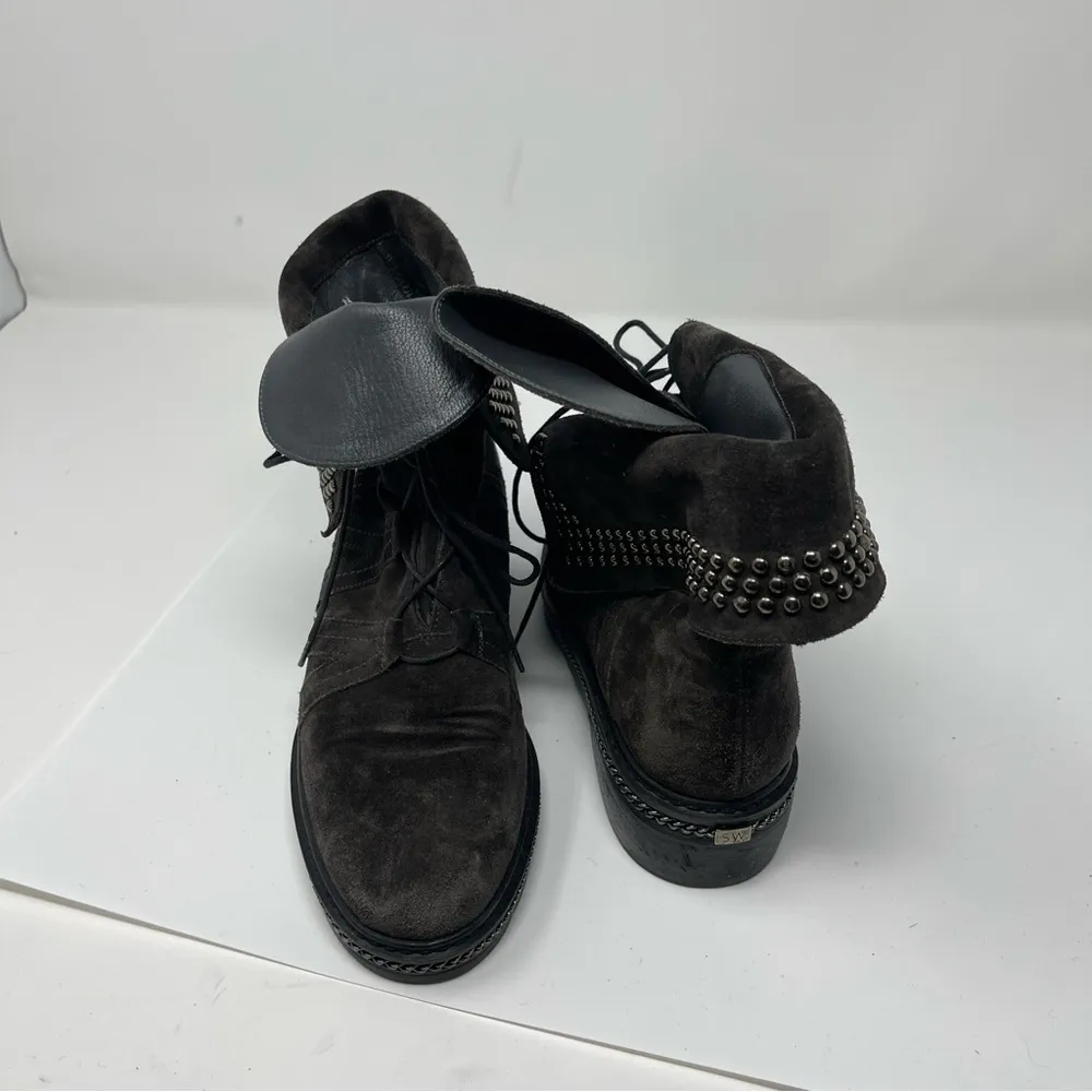 Stuart Weitzman 'Yadastud' Biker Ankle Grey Suede Boots sz 7 - Image 8