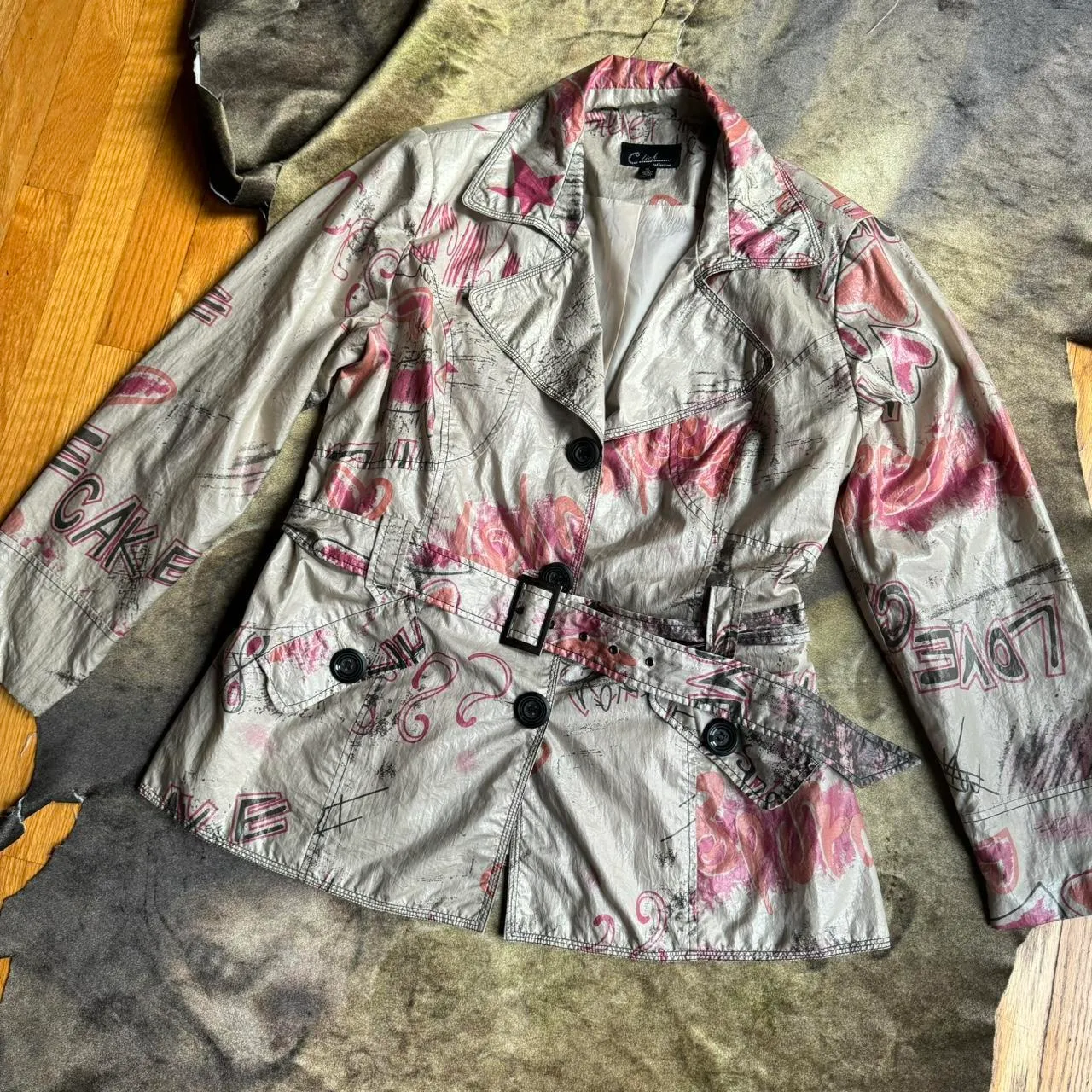 Click Collection Graffiti Text Print Trench Jacket Size XL - Image 2