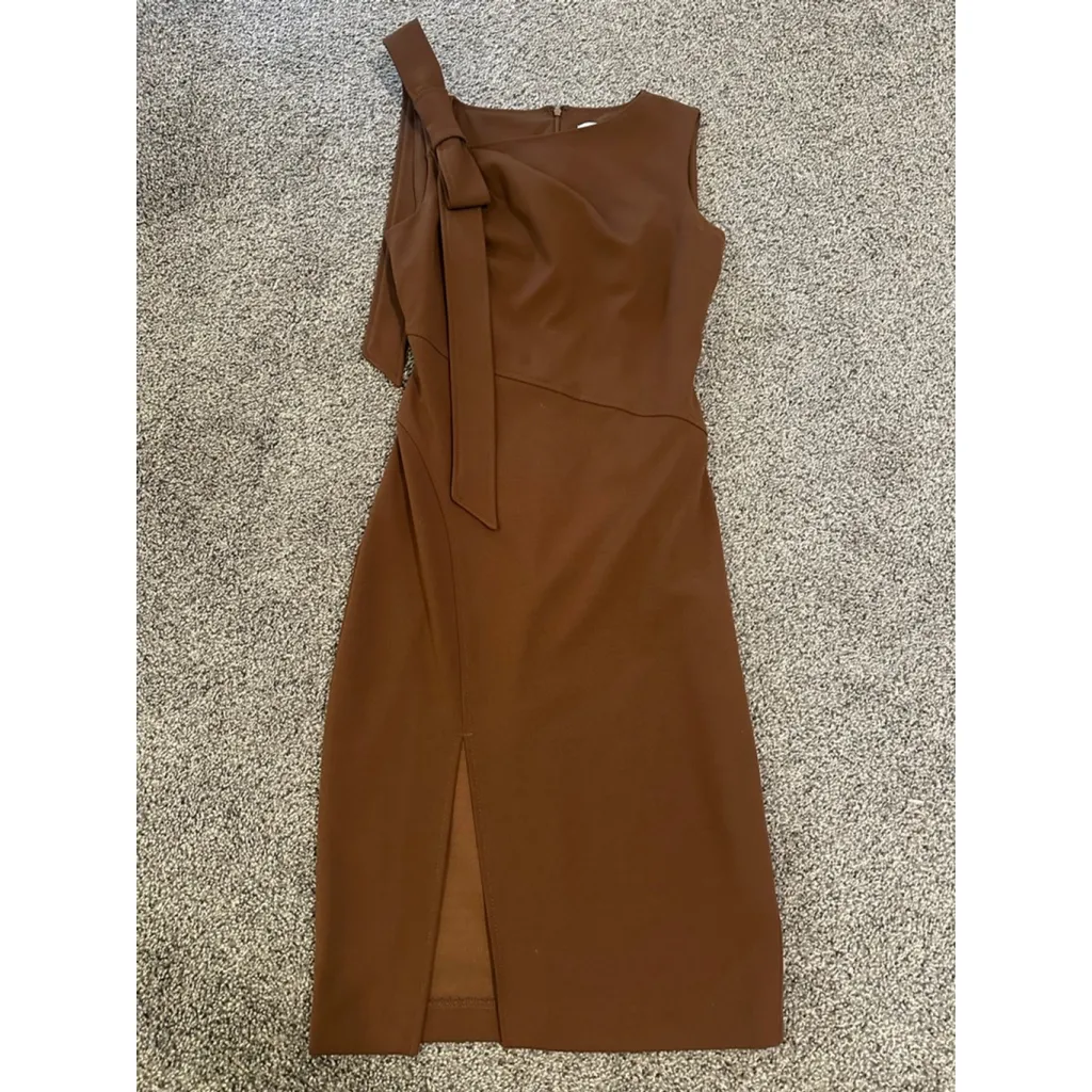 Women's Calvin Klein Chocolate Brown One Bow Shoulder Midi Dress Size 2 - Image 3