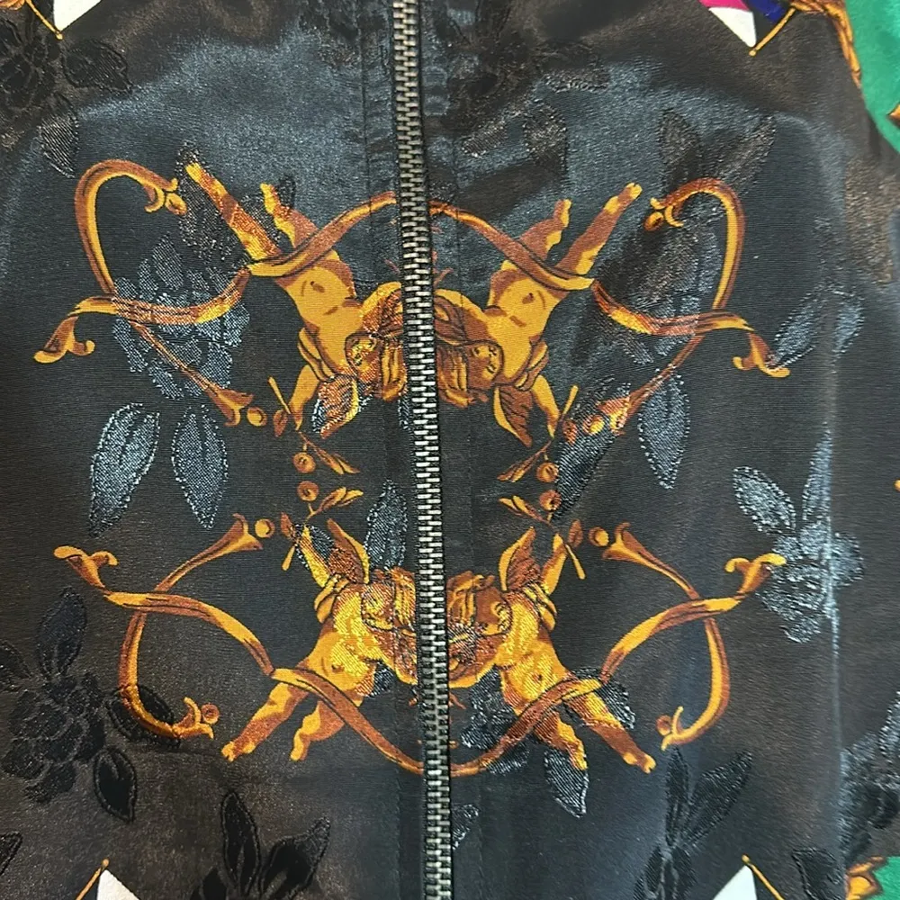 Linda Collection Late 80s Early 90s Black Scarf Print Windbreaker Jacket Large - Image 9