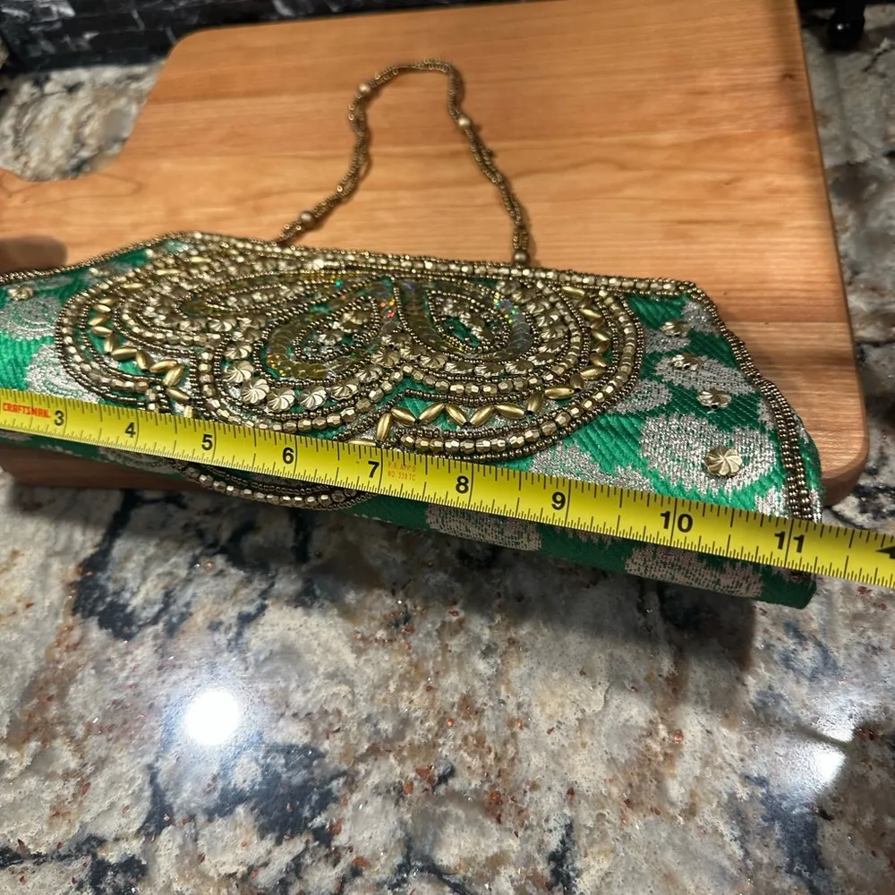 Evening Bag Beaded Sequin Clutch India Purse Green Gold Prom Formal - Image 9