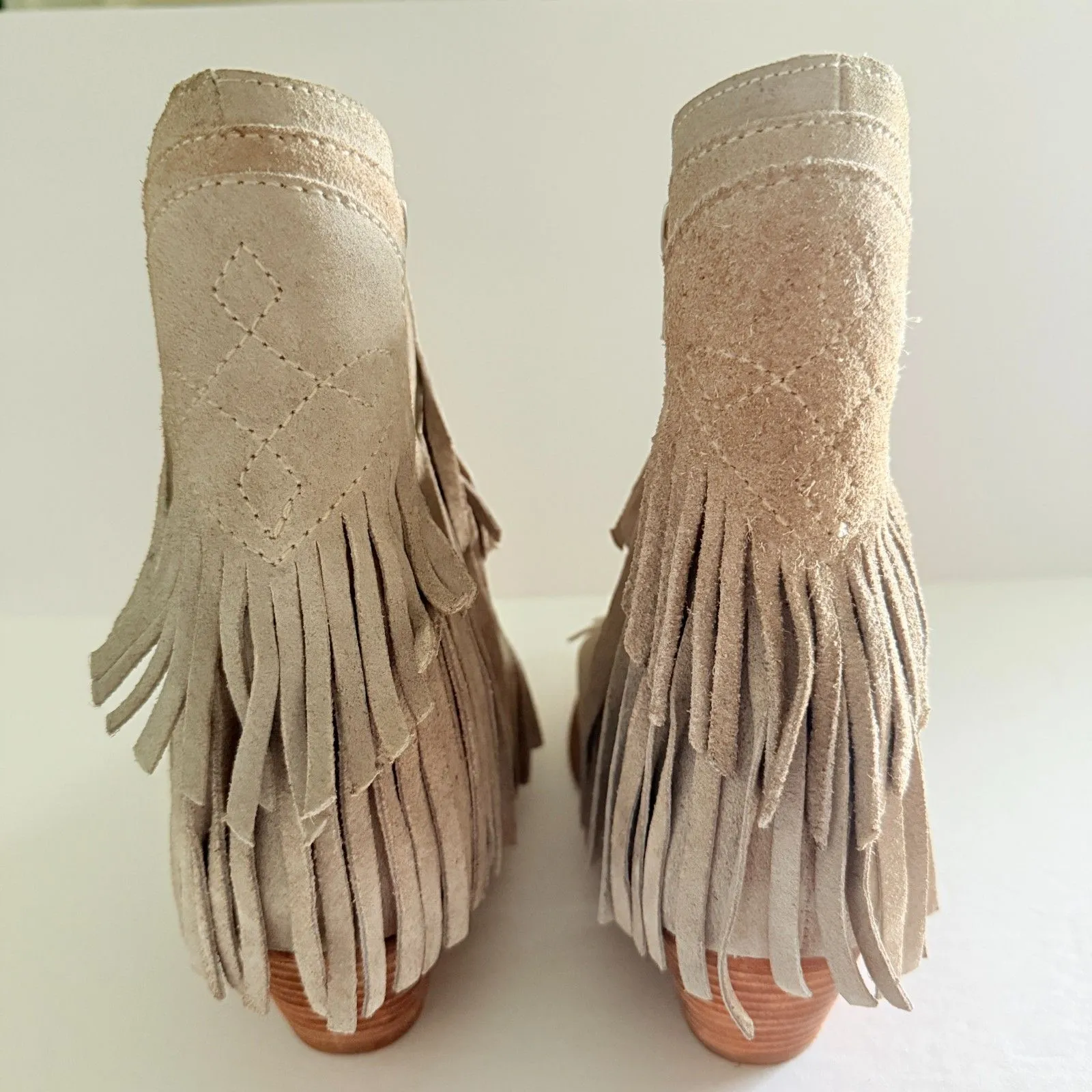 Free People Lawless Fringe Western Boots Tan Bone Block Heel Ankle Cowgirl Sz 37 - Image 9