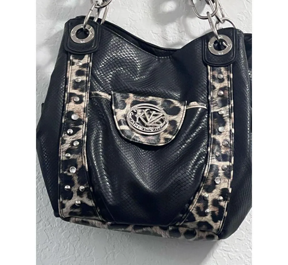 KATHY VAN ZEELAND LARGE BLACK WITH LEOPARD TRIM HANDBAG SHOULDER BAG RHINESTONES - Image 2